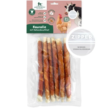 Kaurolle mit Hühnerbrustfilet, 7 Kaustangen in einer wiederverschließbaren Verpackung, 2% Fett, ideal für die Zahnpflege, ohne künstliche Zusatzstoffe.
