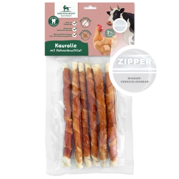 Kaurolle mit Hühnerbrustfilet, 7 Kaustangen in einer wiederverschließbaren Verpackung, 2% Fett, ideal für die Zahnpflege, ohne künstliche Zusatzstoffe.
