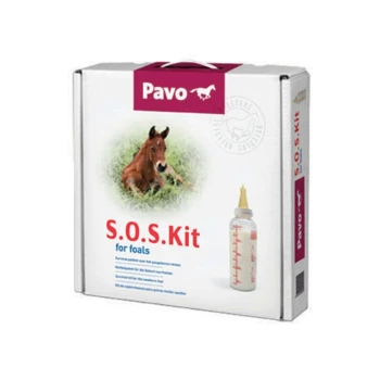 Pavo S.O.S. Kit für Fohlen Verpackung mit einem Foto eines Fohlens und einer Babyflasche, mit rotem Text auf weißem Hintergrund.