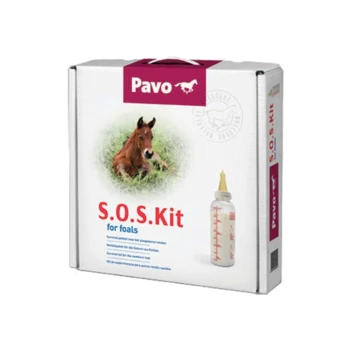 Pavo S.O.S. Kit für Fohlen Verpackung mit einem Foto eines Fohlens und einer Babyflasche, mit rotem Text auf weißem Hintergrund.