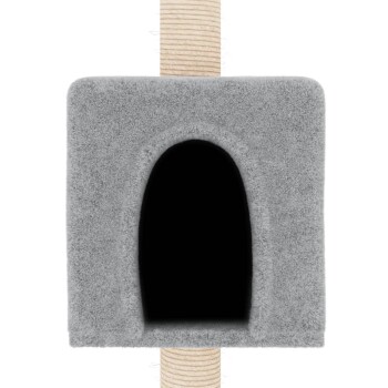 Graue Katzenhöhle mit einem runden Eingang und einem Sisal-Kratzbaum, der angebracht ist.