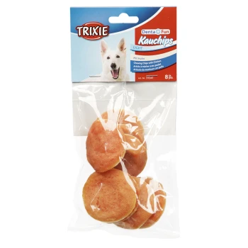 Klare Plastiktüte mit hellen Hundekau-Chips, beschriftet mit "TRIXIE Denta Fun Kauchips LIGHT Mit Huhn" für Hühnergeschmack.