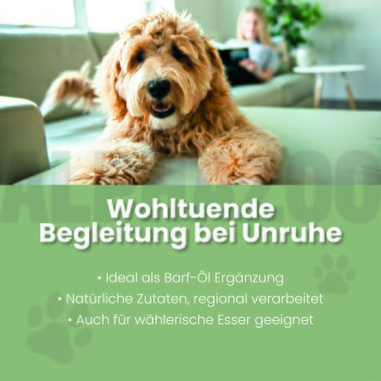 Flasche von ALPHAZOO Care "Seelenruhe" Haustieröl zur Entspannung, mit Text, der ruhige Nächte und entspannte Tage fördert, mit Symbolen für Vorteile.