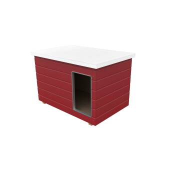 Rotes Holz-Tierhaus mit weißem Flachdach und rechteckigem Eingang mit Metallrand.