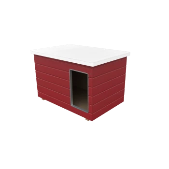 Rotes Holz-Tierhaus mit weißem Flachdach und rechteckigem Eingang mit Metallrand.