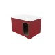Rotes Holz-Tierhaus mit weißem Flachdach und rechteckigem Eingang mit Metallrand.