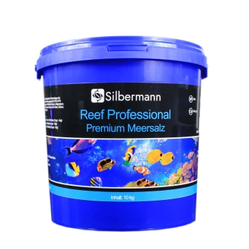Blauer Eimer mit der Aufschrift "Silbermann Reef Professional Premium Meersalz" mit bunten Fisch- und Korallengrafiken, enthält 10 kg.
