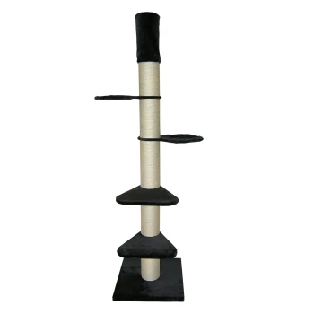 Arbre à chat noir et beige avec trois plateformes triangulaires et un grand poteau à gratter en haut.