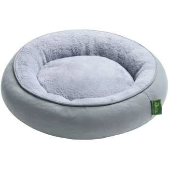 Weiches, rundes Haustierbett in Grau mit plüschigem Innenraum und einem grünen Etikett mit der Aufschrift "Hunter". Ideal für kleine Hunde oder Katzen.