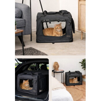 Orange-getigerte Katze ruht in einem schwarzen weichwandigen Tierträger mit Netzfenster; vorderes Markenetikett sichtbar.