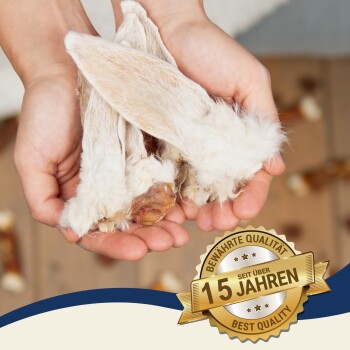 Eine Person hält ein Paar Kaninchenohren, zeigt deren Textur und Farbe, mit einem Abzeichen, das "15 Jahre" und "Beste Qualität" besagt.