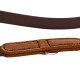 Nahaufnahme einer braunen Lederhundeleine mit gepolstertem, abgestepptem Griff und kleinem Metall-D-Ring.