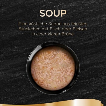 Eine schwarze Schüssel mit leichter Suppe mit Fisch- oder Fleischstücken, vor einem dunklen Hintergrund. Der Text lautet "SUPPE" und beschreibt sie als köstlich.