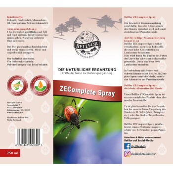 Etikett für Bellfor ZEComplete Spray, mit einem Zecken auf einem Blatt, mit Text, der natürliche Inhaltsstoffe, Anwendungshinweise und Vorteile für Hunde beschreibt.