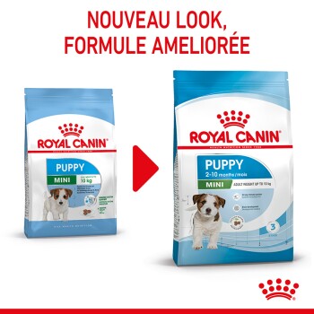 Comparaison de la nourriture pour chiots Royal Canin : "Puppy Mini" à gauche, "Puppy 2-10 mois" à droite, avec une flèche rouge montrant la nouvelle formule.