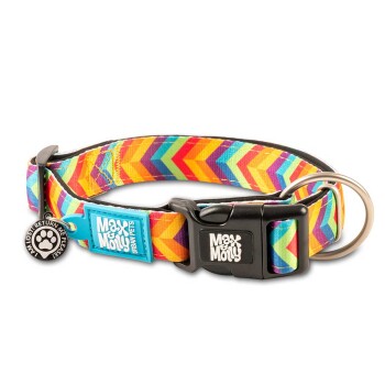 Buntes Hundehalsband mit Chevron-Muster, schwarzer Schnalle, Metallring und Anhängern mit der Aufschrift „Max & Molly Urban Pets“ und „Ich bin verloren! Bitte bring mich zurück!“