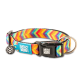 Buntes Hundehalsband mit Chevron-Muster, schwarzer Schnalle, Metallring und Anhängern mit der Aufschrift „Max & Molly Urban Pets“ und „Ich bin verloren! Bitte bring mich zurück!“