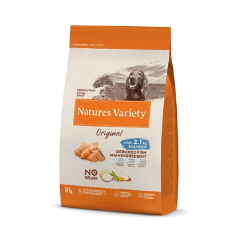 Sac de nourriture pour chiens Nature's Variety, 'Original', 10 kg, contenant du poisson désossé, 2,1 kg de saumon, et étiquette 'Sans Céréales'.