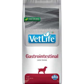 VetLife Gastrointestinal Hundefutterbeutel, 12 kg, mit einem grünen "Futter für Hunde"-Etikett und einer Silhouette eines Hundes.