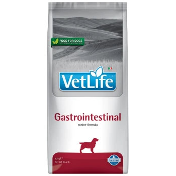 VetLife Gastrointestinal Hundefutterbeutel, 12 kg, mit einem grünen "Futter für Hunde"-Etikett und einer Silhouette eines Hundes.