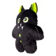 Black plush bat-cat toy with neon green inner ears and eyes, white fangs and two green stitched X buttons