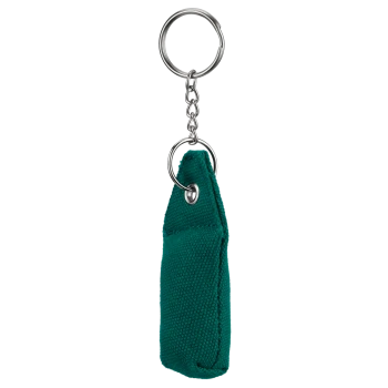 Türkisfarbener Stoff-Schlüsselanhänger mit Metallringen und Kette, entworfen für den Einsatz im Zoofachhandel.