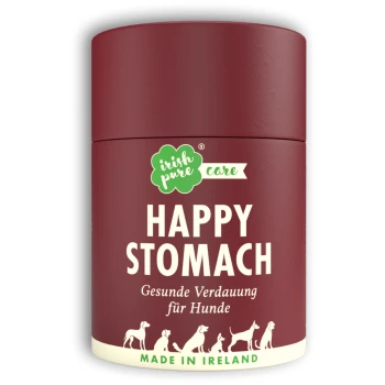 Care Happy Stomach Ein kastanienbrauner Behälter mit der Aufschrift 'HAPPY STOMACH' von Irish Pure Care, der eine gesunde Verdauung für Hunde fördert, mit Silhouetten verschiedener Hunderassen.