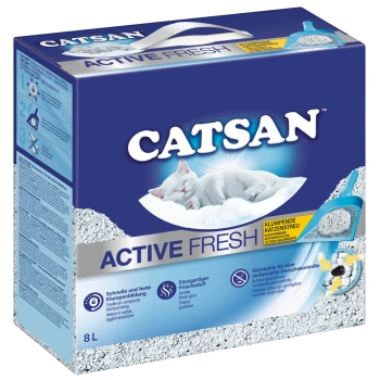 Blaue Box mit Catsan Active Fresh Katzenstreu, mit einer schlafenden weißen Katze auf einer Wolke, mit Text, der die Vorteile von Klumpenbildung und Frische hervorhebt.