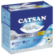 Boîte bleue de litière pour chat Catsan Active Fresh, avec un chat blanc endormi sur un nuage, avec un texte mettant en avant les avantages de la formation de grumeaux et de la fraîcheur.