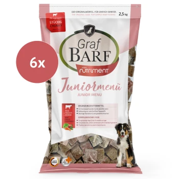 Graf BARF Rind Juniormenü Hundefutterpaket, 2,5 kg, Rindergeschmack, Komplettmahlzeit für Welpen, Premiumqualität, 6x Würfel gezeigt.