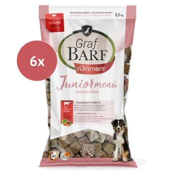 Graf BARF Rind Juniormenü Hundefutterpaket, 2,5 kg, Rindergeschmack, Komplettmahlzeit für Welpen, Premiumqualität, 6x Würfel gezeigt.