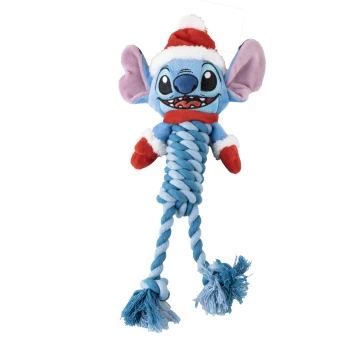 Blue Stitch dog toy with Santa hat, red mittens, and twisted rope body and legs with tassels.