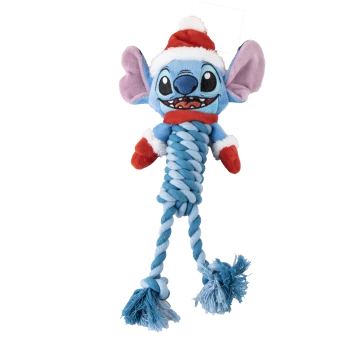 Blue Stitch dog toy with Santa hat, red mittens, and twisted rope body and legs with tassels.