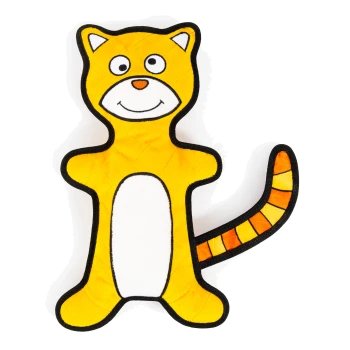 Ein plüschiges gelbes Katzenspielzeug mit einem lächelnden Gesicht, weißem Bauch und gestreiftem Schwanz, entworfen für Haustiere.