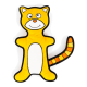 Ein plüschiges gelbes Katzenspielzeug mit einem lächelnden Gesicht, weißem Bauch und gestreiftem Schwanz, entworfen für Haustiere.