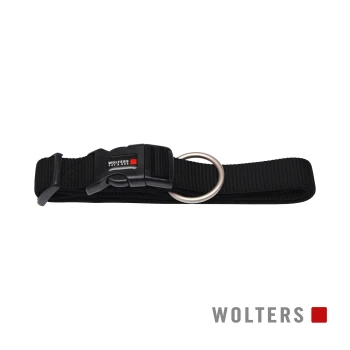 Halsband Professional extra breit schwarz L Schwarzes Haustierhalsband mit einer Kunststoffschnalle und einem Metall-D-Ring, mit dem Markennamen "WOLTERS" auf der Schnalle.