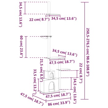 Diagramm der Abmessungen eines Katzenbaums mit Maßen in Zentimetern und Zoll, das verschiedene Plattformen und einen gemütlichen Rückzugsort zeigt.
