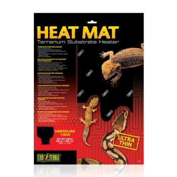 Verpackung des Heat Mat Terrariensubstratheizers mit einem Bartagamen, Gecko und Schlange. Der Text enthält 'MEDIUM 16W' und 'ULTRA DÜNN'.