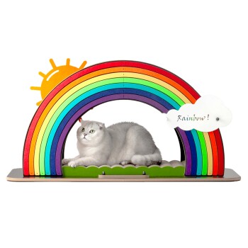 Eine flauschige graue Katze liegt unter einem bunten Regenbogenbogen mit einer Sonne auf der linken Seite und einer Wolke, die "Regenbogen!" sagt, auf der rechten Seite.