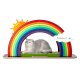 Eine flauschige graue Katze liegt unter einem bunten Regenbogenbogen mit einer Sonne auf der linken Seite und einer Wolke, die "Regenbogen!" sagt, auf der rechten Seite.