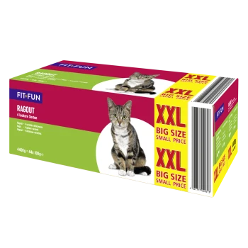 Pudełko karmy dla kotów FIT+FUN Ragout ze zdjęciem pręgatego kota, opakowanie zielono-magenta i żółty napis „XXL Duży rozmiar, mała cena”.