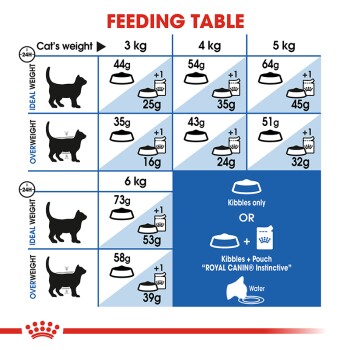 Cat feeding table with daily kibble amounts based on weight (3-6 kg) and ideal/overweight status for "ROYAL CANIN® Instinctive" pouch.
