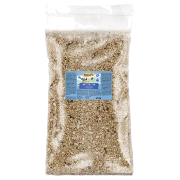 Eine durchsichtige Plastiktüte gefüllt mit Vogelfutter, beschriftet mit "MultiFit FETTFUTTER," wiegt 25 kg und zeigt eine Mischung aus Körnern und Samen.