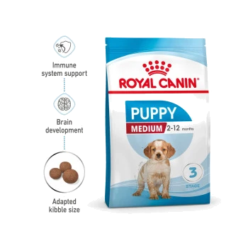 Royal Canin Puppy Medium dog food bag with a puppy image, emphasizing immune support, brain development, and adapted kibble size.