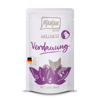 Nassfutter Katze Adult, Wellness Verdauung 12x125 g Huhn Mjamjam Wellness Katzenfutterbeutel mit der Aufschrift "Verdauung," mit einer verspielten Katzen-Grafik und dem deutschen Qualitätssiegel.