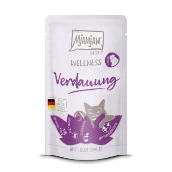 Mjamjam Wellness kattenvoer zakje gelabeld 'Verdauung,' met een speelse katgrafiek en een Duits kwaliteitskeurmerk.