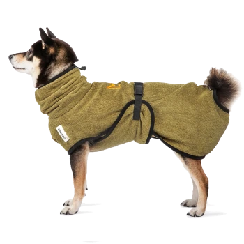 Ein Shiba Inu Hund, der ein grünes, gemütliches Haustierhandtuch mit hohem Kragen und schwarzen Riemen trägt, im Profil vor einem weißen Hintergrund.