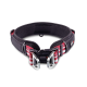 Gepolstertes schwarzes Hundehalsband mit rot-weiß gestreiftem Gurtband, silberner Metallschnalle und 'WOLTERS'-Logo.