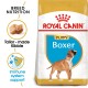 Royal Canin Puppy Boxer dog food bag with a Boxer puppy illustration, emphasizing breed-specific nutrition and immune support.