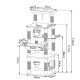 Katzenbaum-Design mit mehreren Ebenen, Kratzpfosten und in Zentimetern beschrifteten Abmessungen. Gesamthöhe: 155 cm.